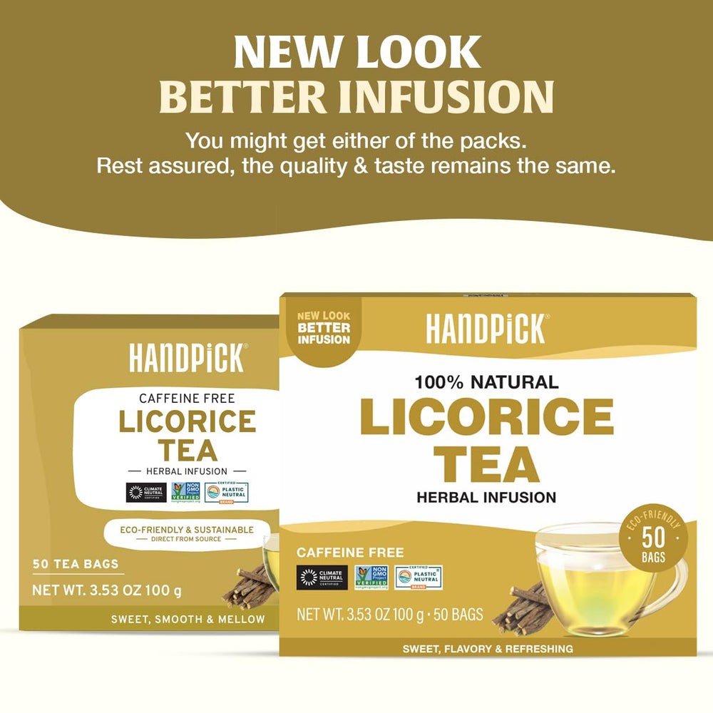 HANDPICK Licorice Root Tea bag steeping releases soothing aroma in hot water.