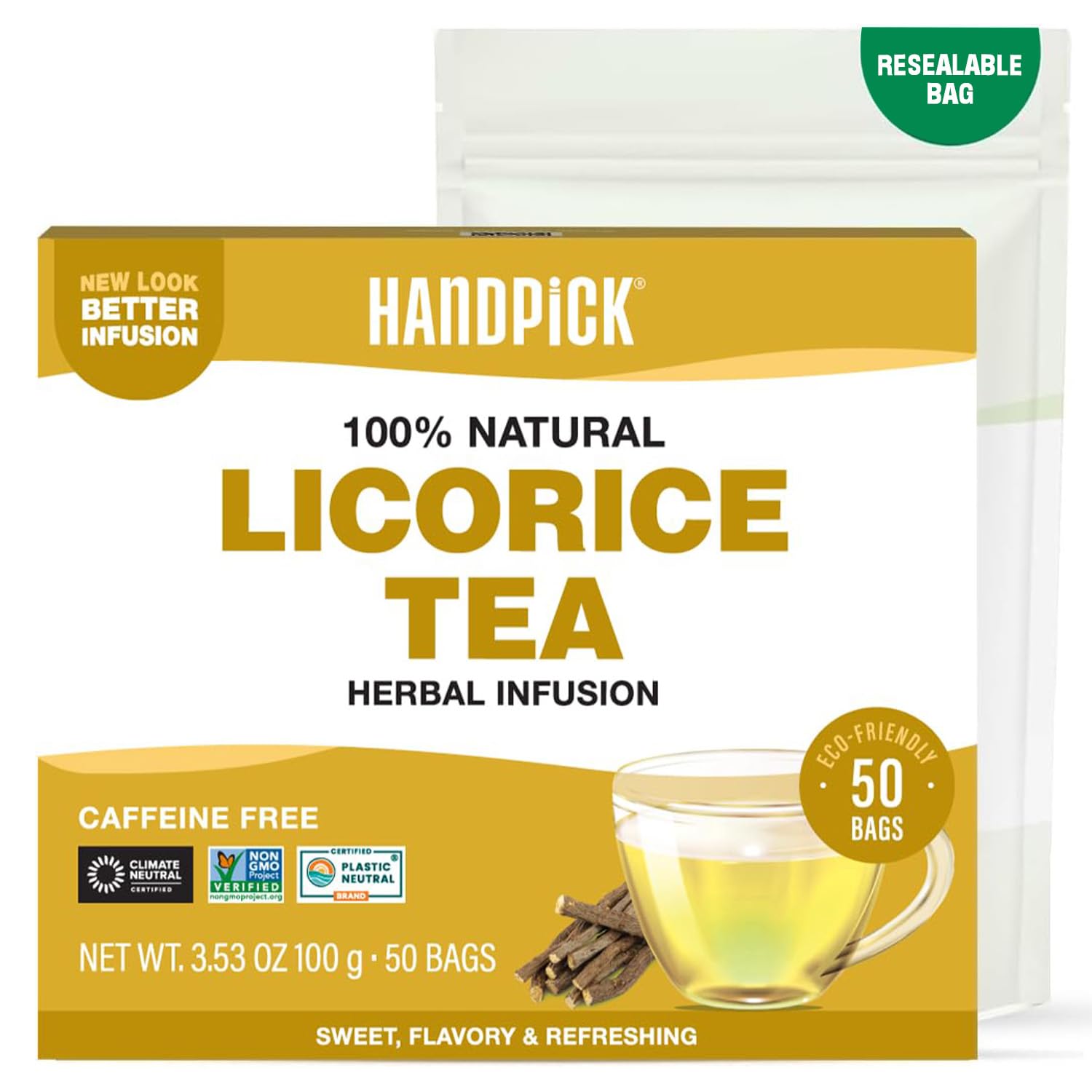 HANDPICK Licorice Root Tea bags packaging highlights non-GMO labeling and sustainability.