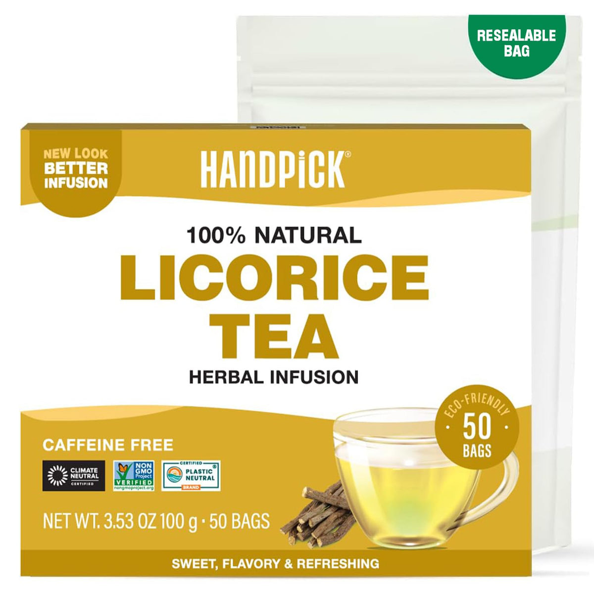 HANDPICK Licorice Root Tea bags packaging highlights non-GMO labeling and sustainability.