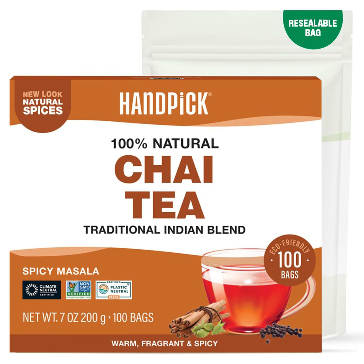 HANDPICK Masala Chai tea bags in focus for a bold, rich brew.