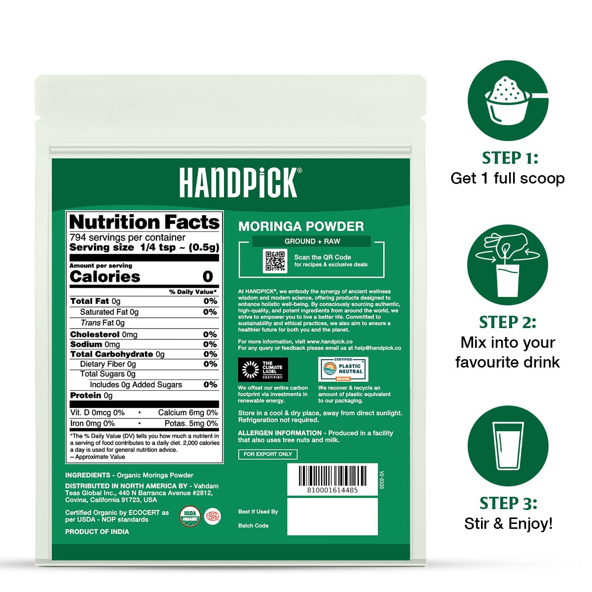 HANDPICK Moringa product flatlay for baking, toppings, and meals.