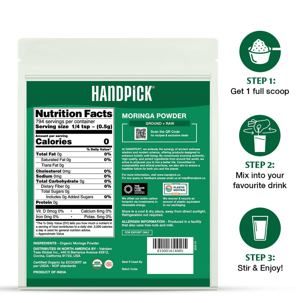 HANDPICK Moringa product flatlay for baking, toppings, and meals.