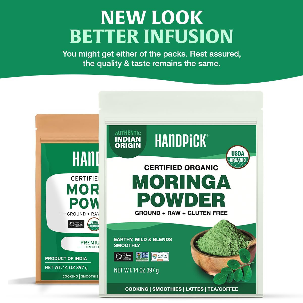 Close-up of HANDPICK Moringa leaf powder, vibrant green for recipes.