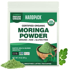 HANDPICK Moringa powder in a glass jar, great for smoothies.