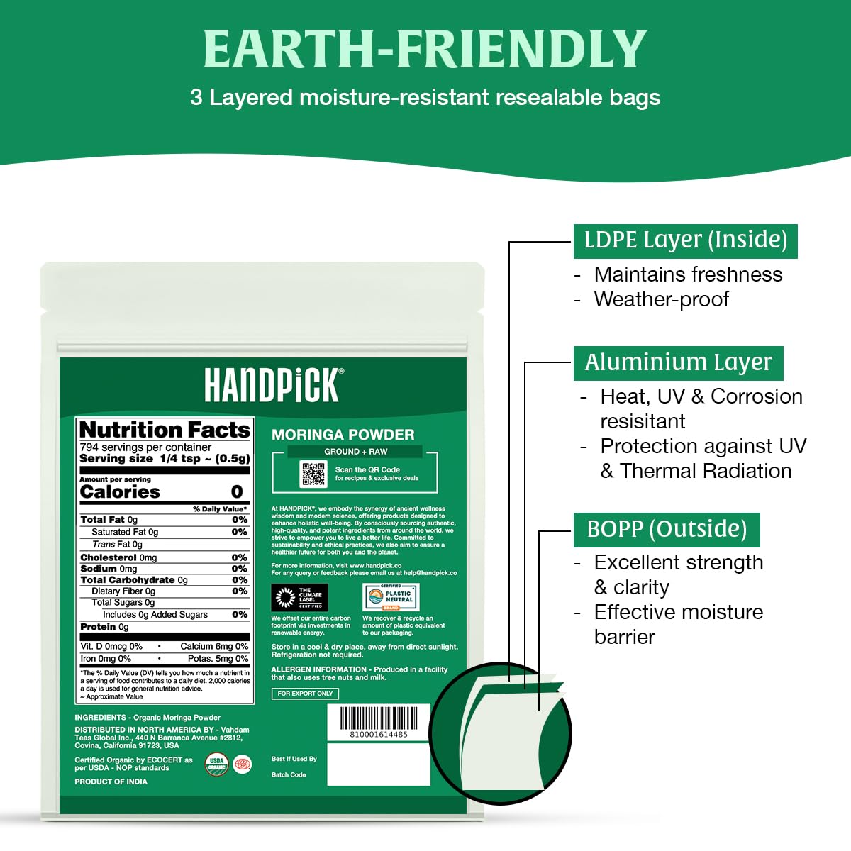 HANDPICK Moringa powder with a scoop, quick nutrient boost.