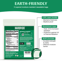 HANDPICK Moringa powder with a scoop, quick nutrient boost.