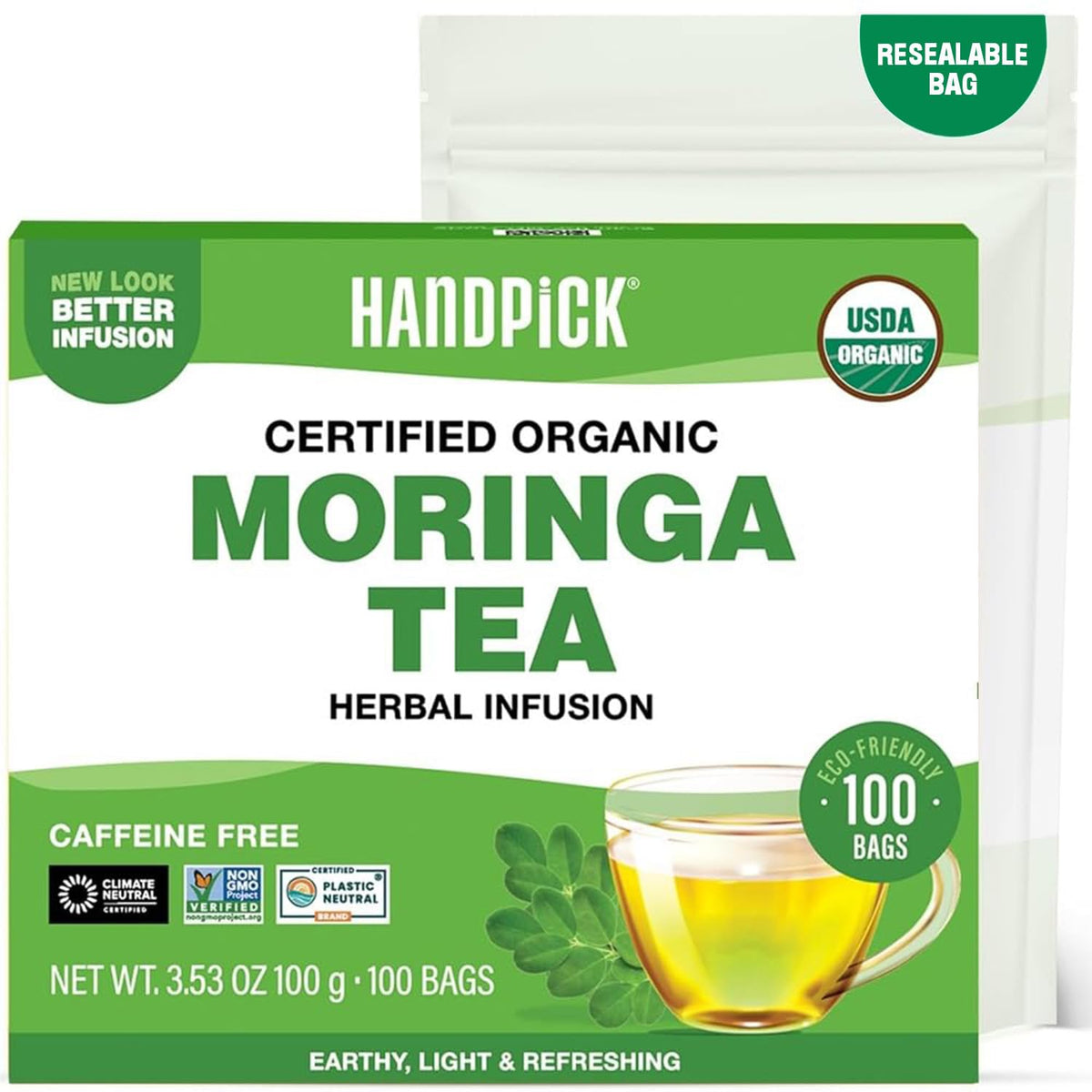 HANDPICK Moringa tea bags packaging, eco-friendly design for sustainable tea choices.