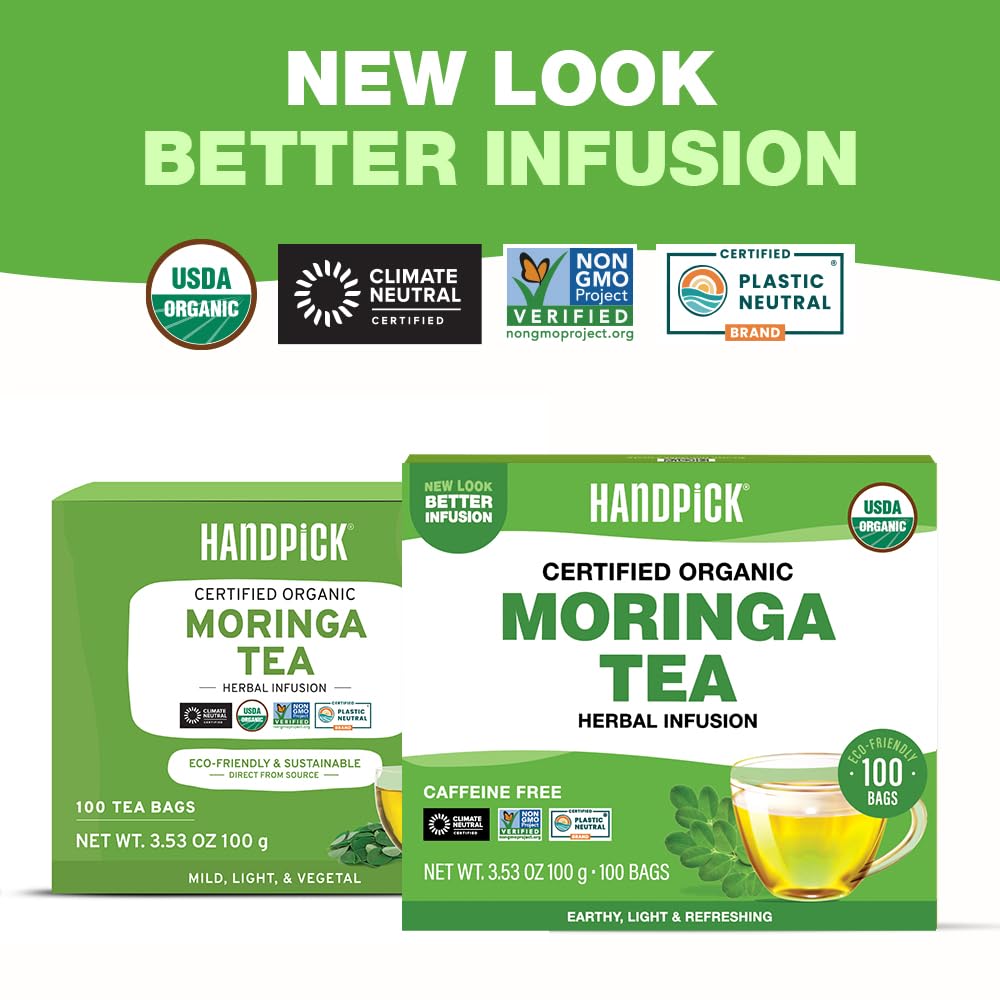 HANDPICK moringa tea in cup, inviting aroma and caffeine-free sipping.