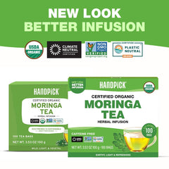 HANDPICK moringa tea in cup, inviting aroma and caffeine-free sipping.