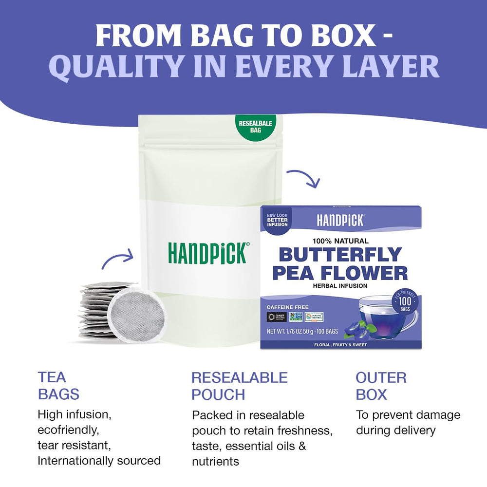 HANDPICK Non-GMO verified butterfly pea tea label communicates ethical sourcing