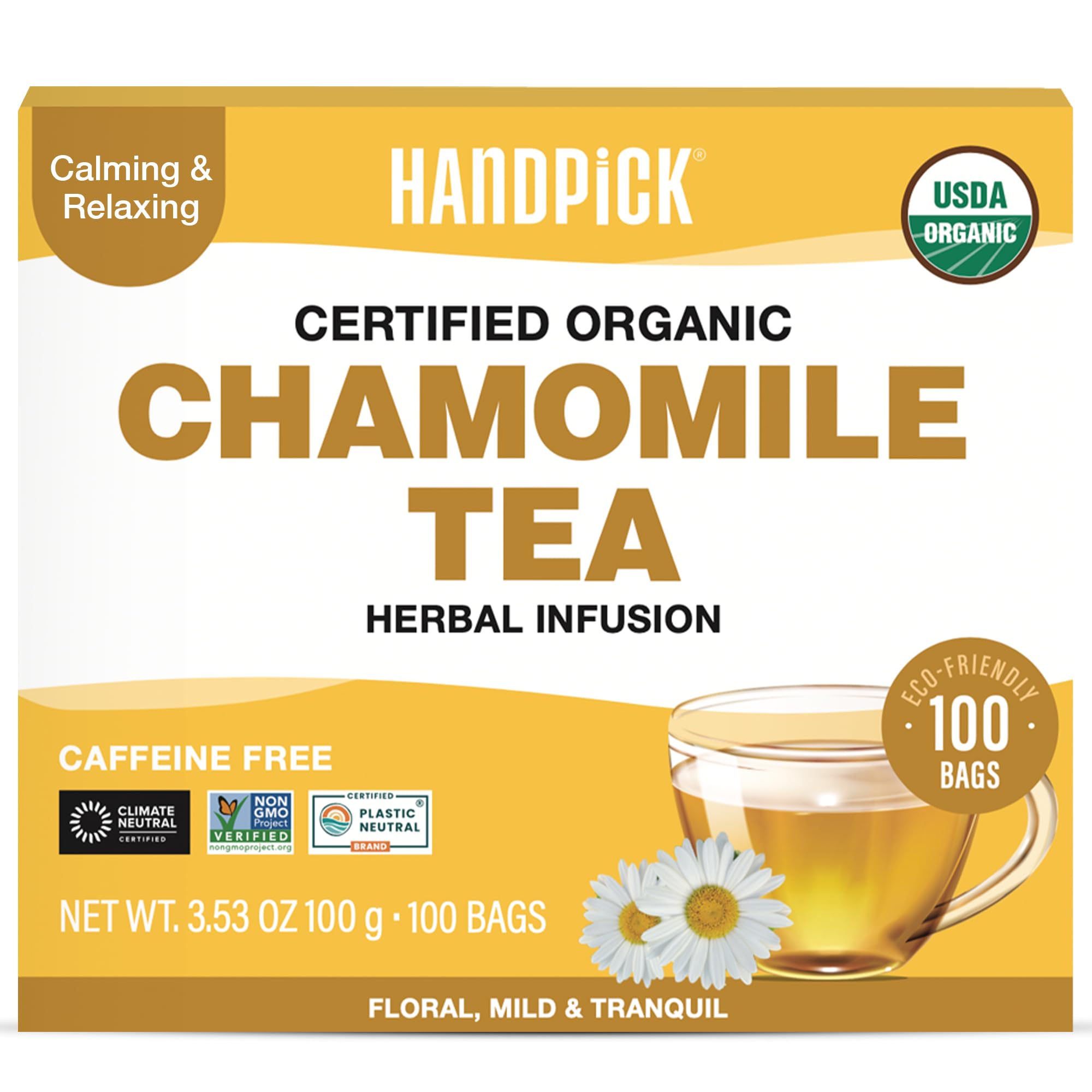 HANDPICK Organic Chamomile Tea Bags pack showing eco-friendly packaging and pure aroma.