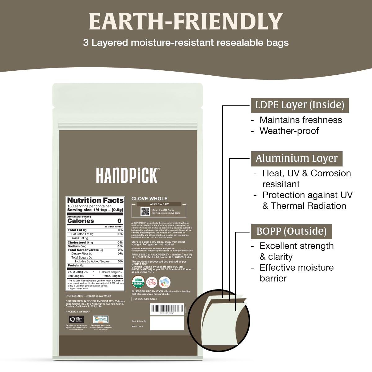 HANDPICK Organic Cloves Whole closeup texture highlights oil-rich cloves and rich aroma.