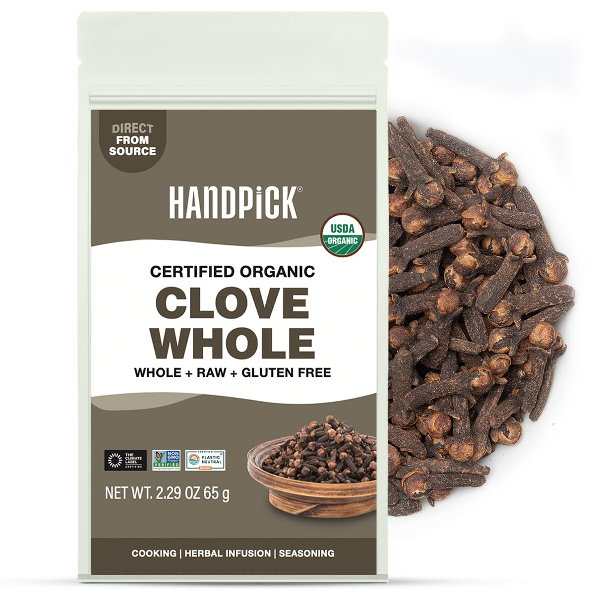 HANDPICK Organic Cloves Whole packaging shows premium spice for versatile cooking.
