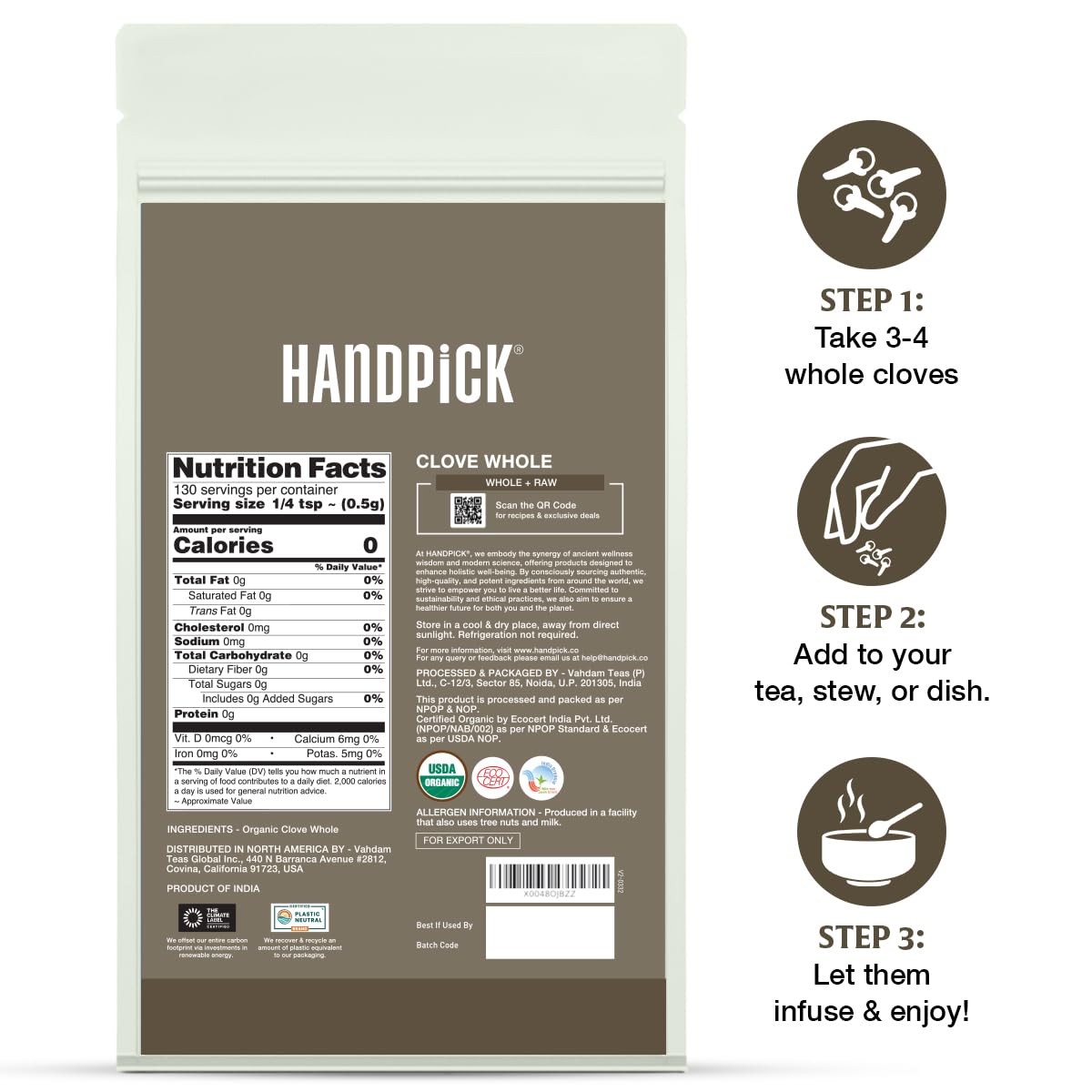 HANDPICK Organic Cloves Whole resealable pouch keeps freshness for busy kitchens.