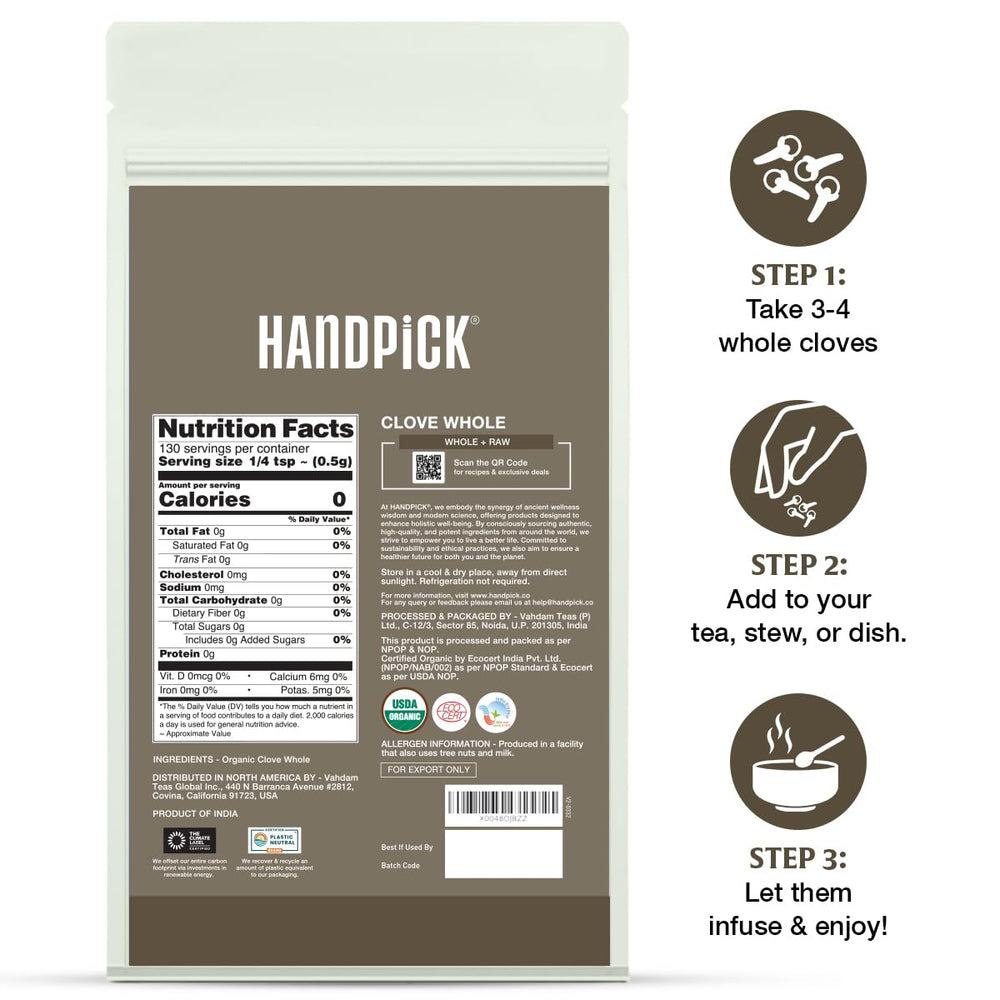 HANDPICK Organic Cloves Whole resealable pouch keeps freshness for busy kitchens.