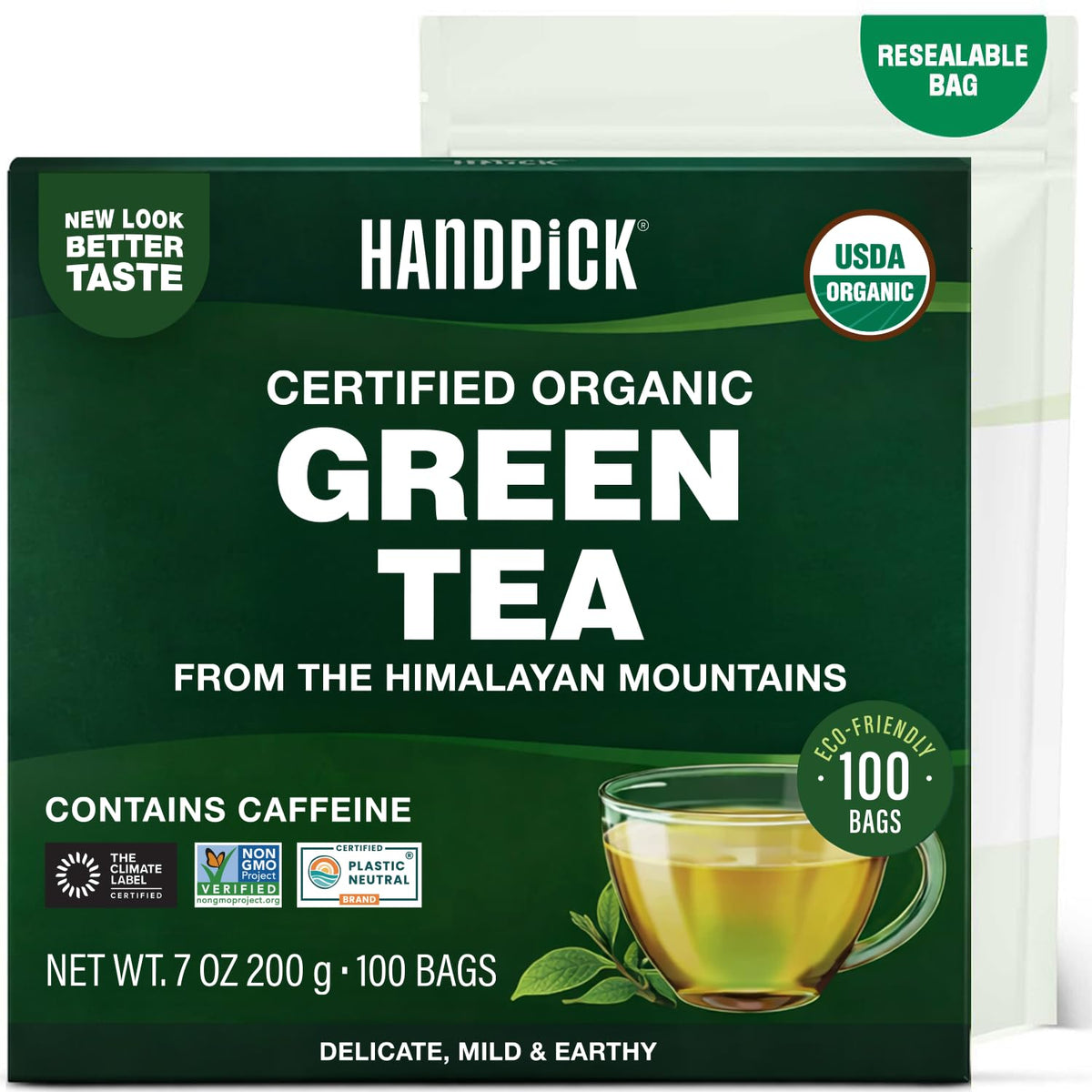 HANDPICK Organic Green Tea Bags in a resealable pack for lasting freshness.