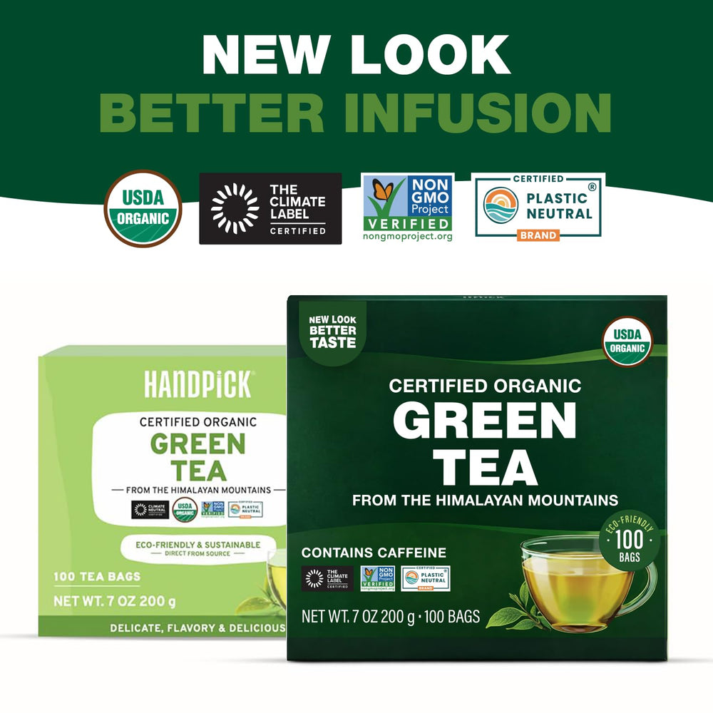 HANDPICK Organic Green Tea Bags with USDA Organic certification displayed.