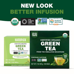 HANDPICK Organic Green Tea Bags with USDA Organic certification displayed.