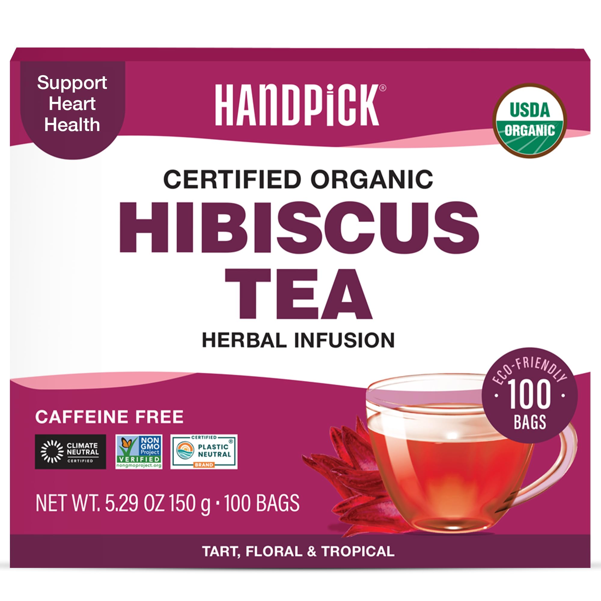 HANDPICK Organic Hibiscus Tea Bags on display, ready for a refreshing brew
