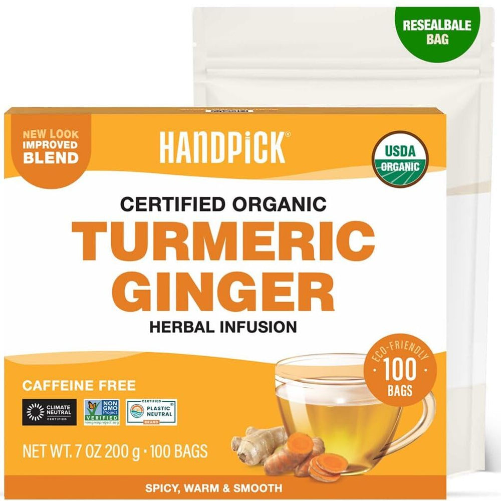 HANDPICK Organic Turmeric Ginger Tea bag steeping showing spicy aroma