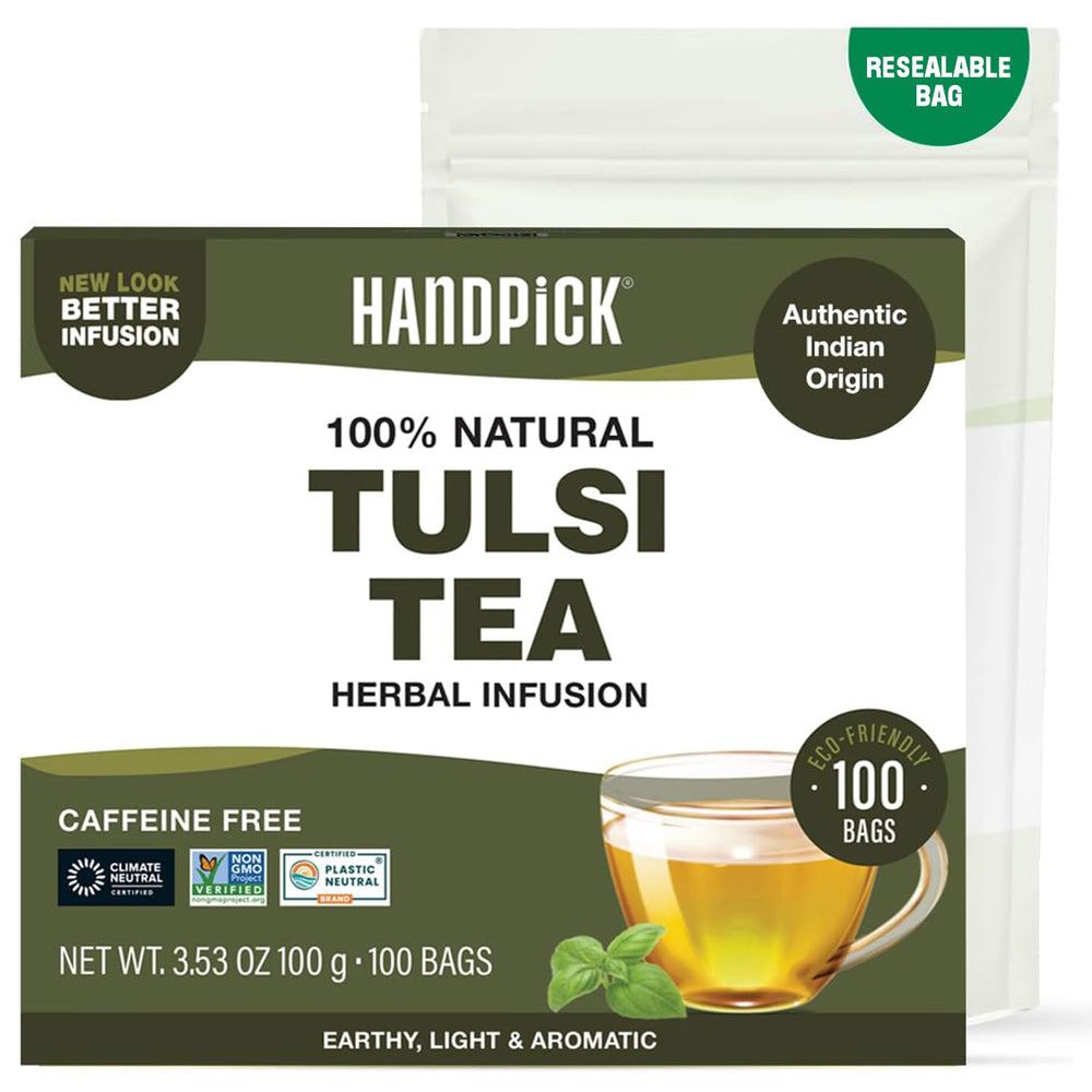 HANDPICK Original Tulsi Tea packaging showcases eco-friendly round bags for convenient brewing