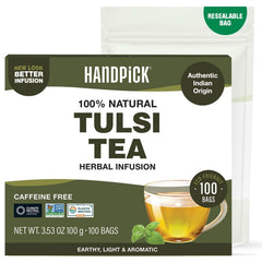 HANDPICK Original Tulsi Tea packaging showcases eco-friendly round bags for convenient brewing