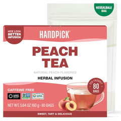 HANDPICK peach tea bags front packaging shows a refreshing, non-GMO blend.