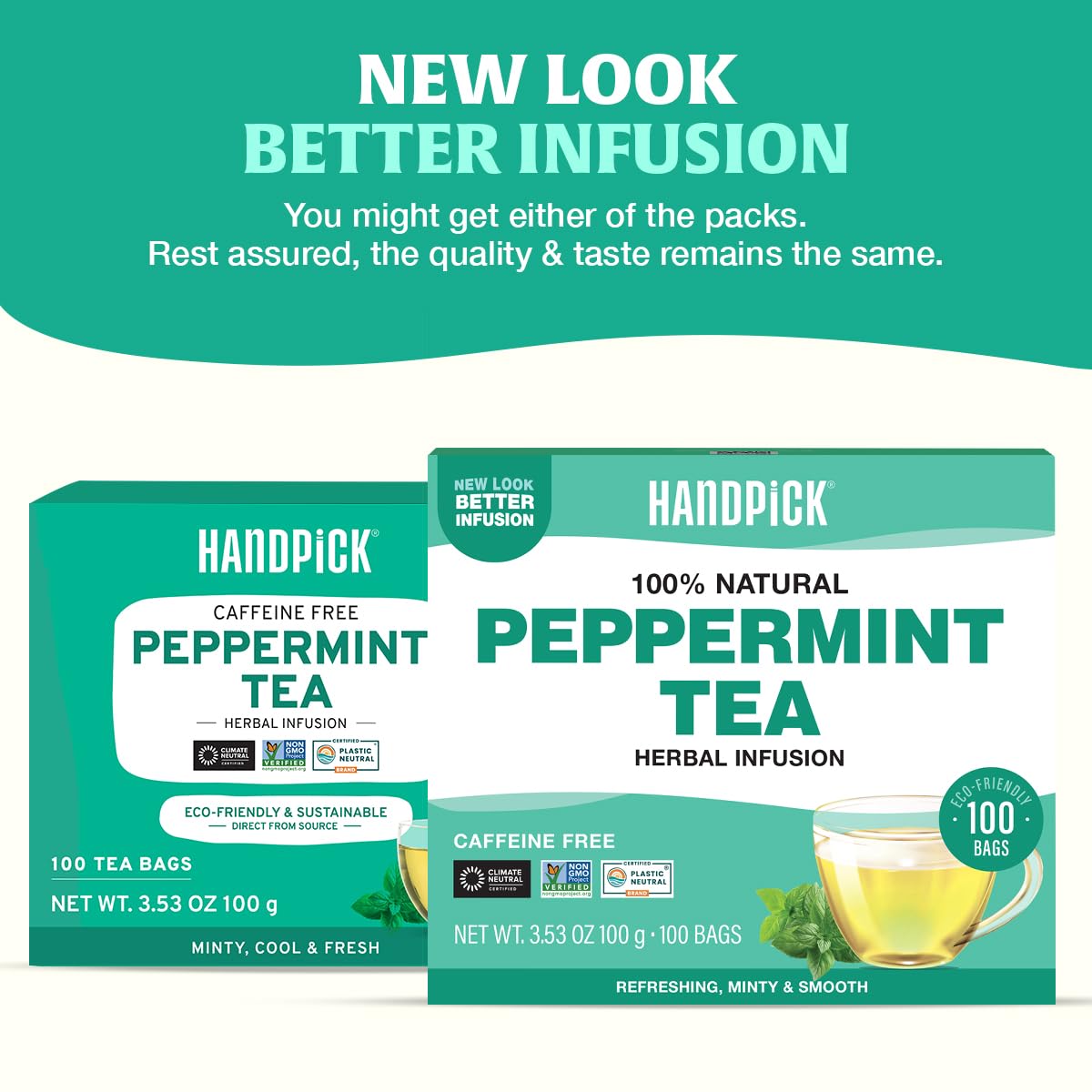HANDPICK Peppermint Tea bags open package releasing fresh aroma ready to steep.