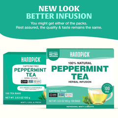 HANDPICK Peppermint Tea bags open package releasing fresh aroma ready to steep.