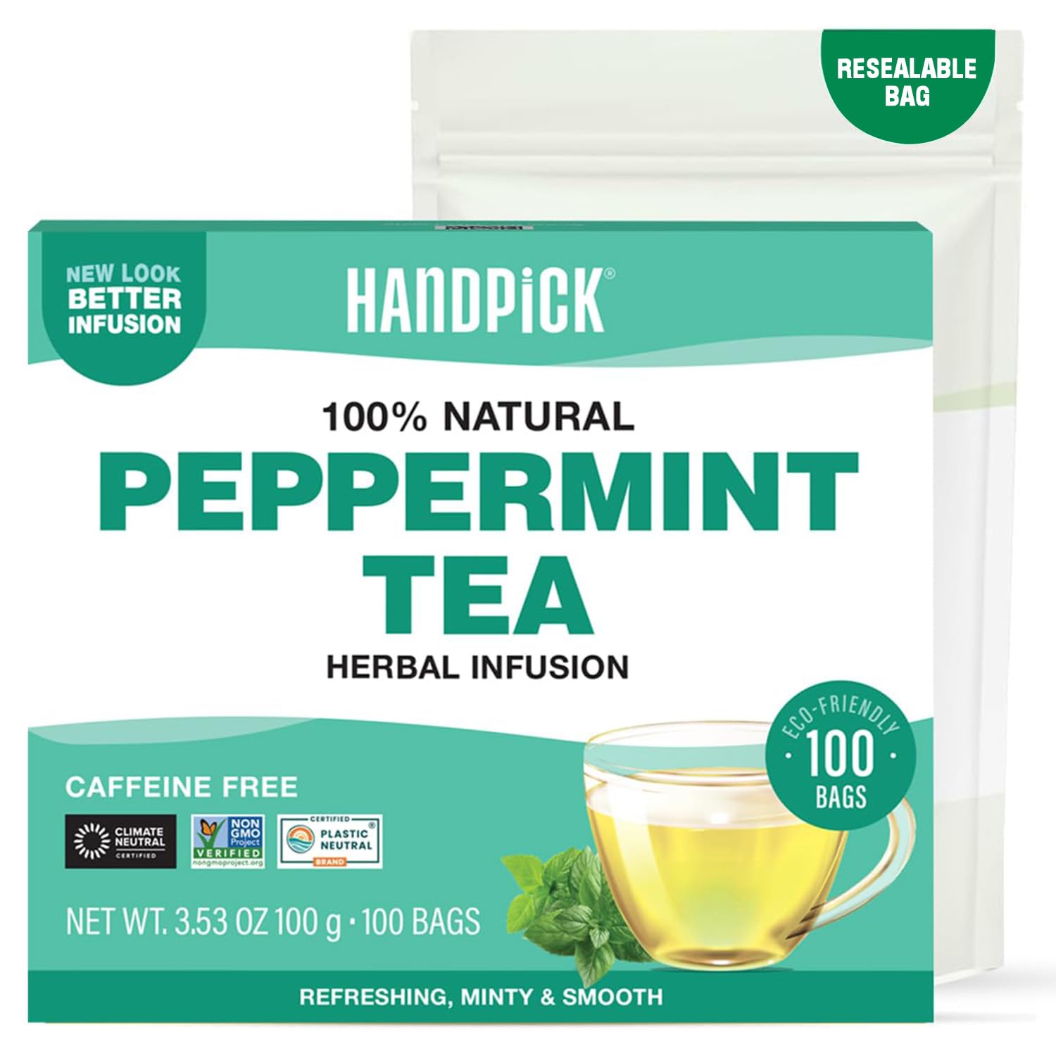 HANDPICK Peppermint Tea bags rounds show eco-friendly packaging and pure flavor for a refreshing break.