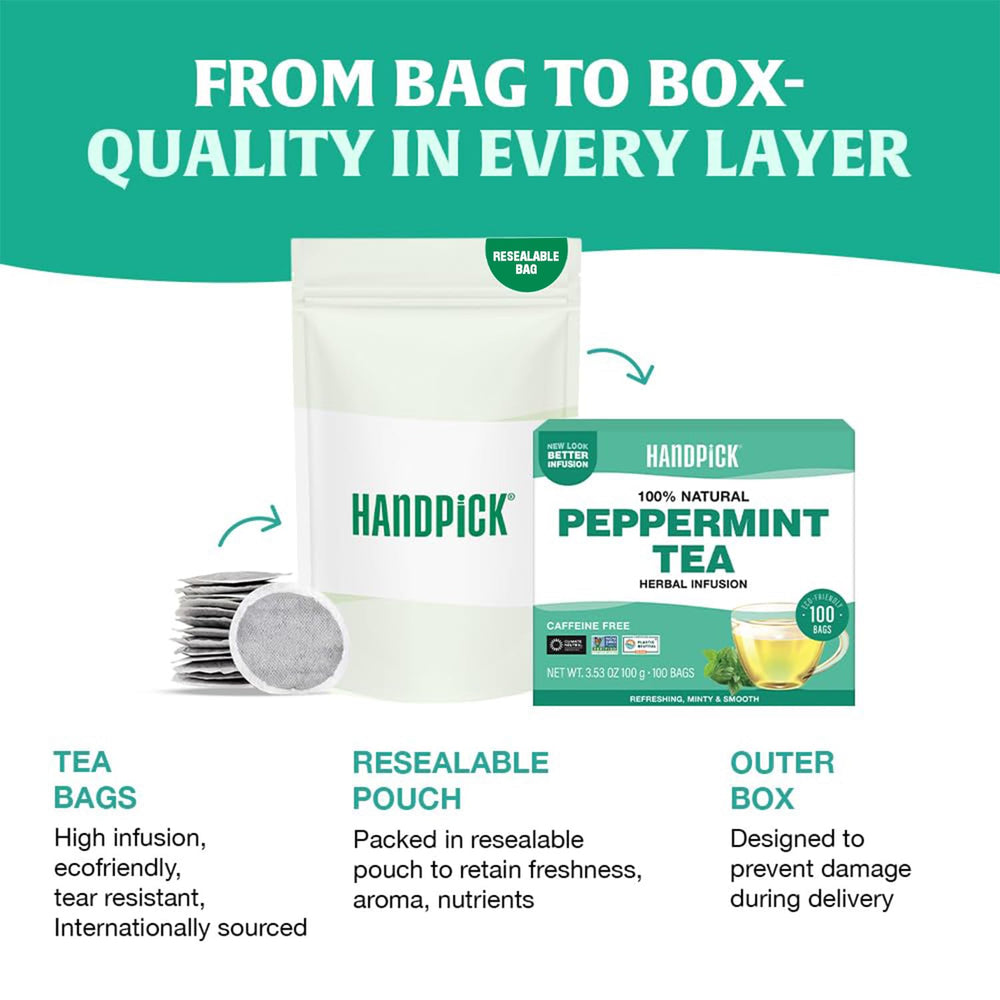 HANDPICK Peppermint Tea eco-friendly packaging highlights dye-free and chemical-free design.