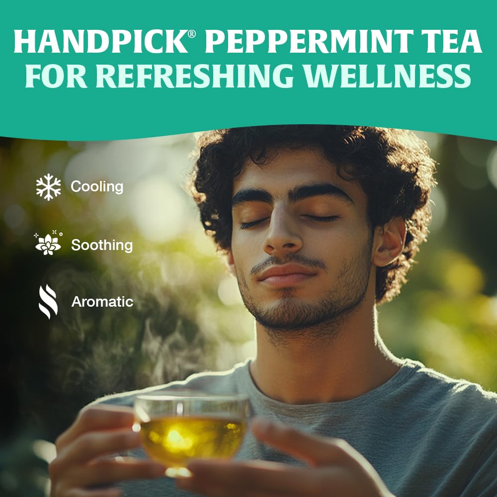 HANDPICK Peppermint Tea packaging label carbon-neutral supports sustainable practices.