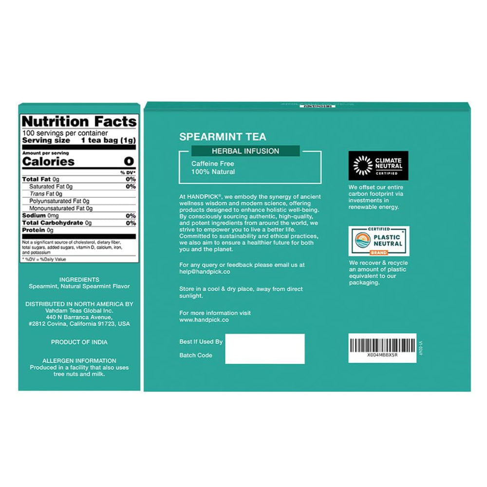 HANDPICK Spearmint tea bags from India with fresh aroma and high essential oil content.