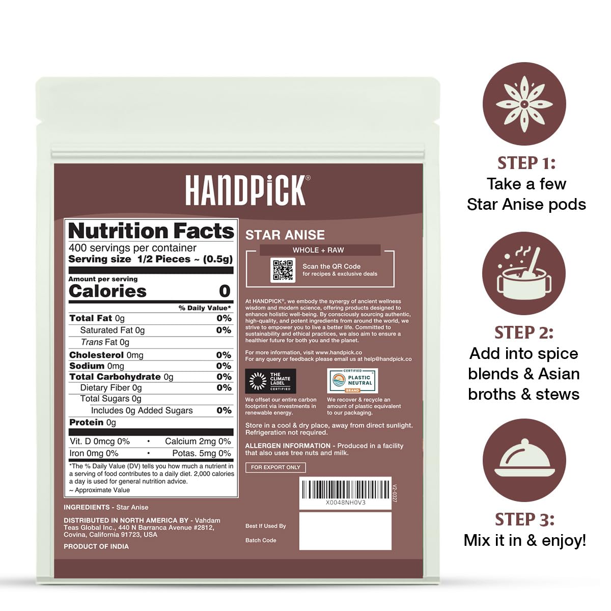 Close-up of HANDPICK Star Anise spice board highlighting aroma.