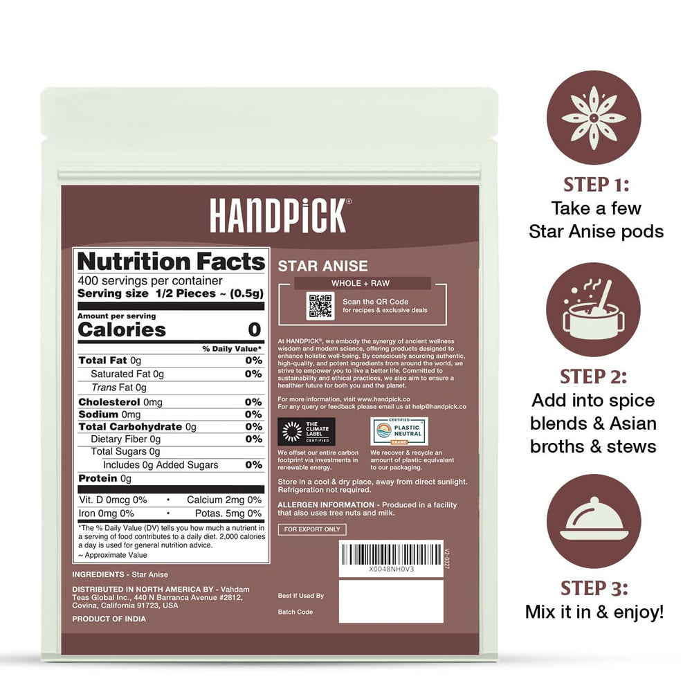 Close-up of HANDPICK Star Anise spice board highlighting aroma.