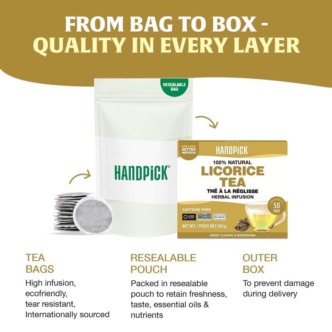 HANDPICK Tea bag close-up shows pure herbal blend for a comforting tisane.