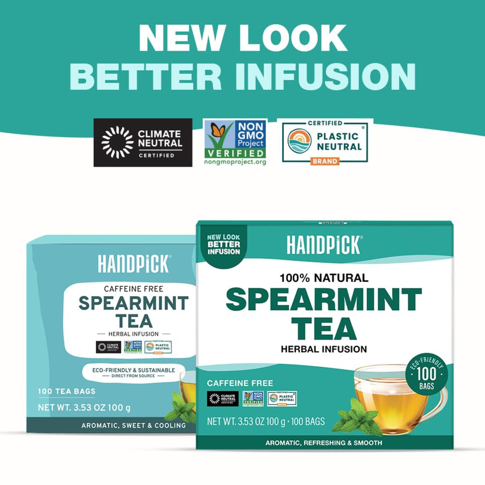 HANDPICK Spearmint tea bags close-up showing pure ingredients and dye-free packaging.