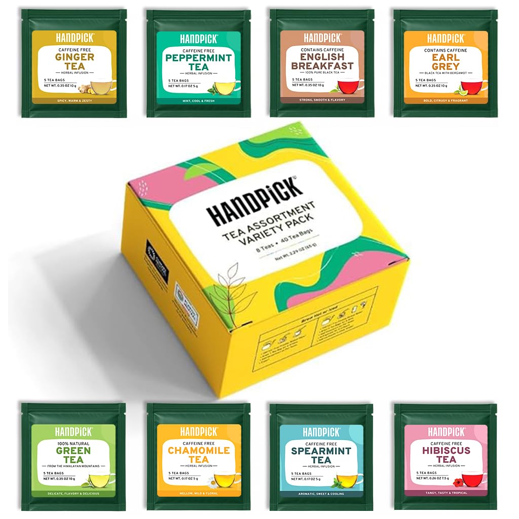 HANDPICK tea sampler box with eight flavors, ideal for daily rituals.