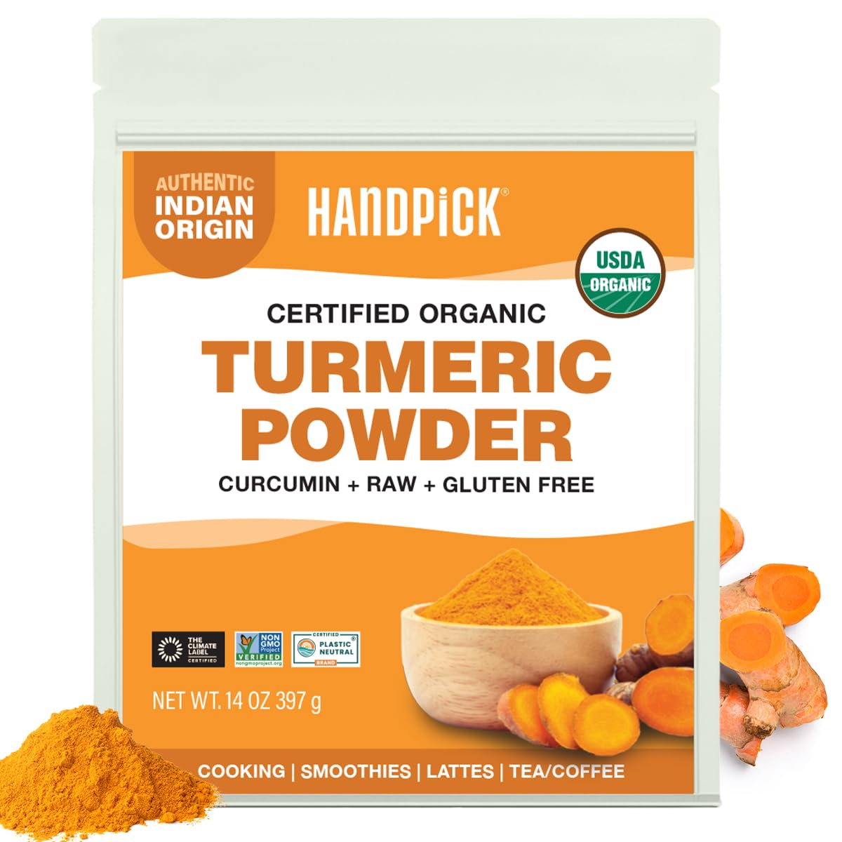 HANDPICK turmeric powder in a jar with curcumin, ready to spice curries.