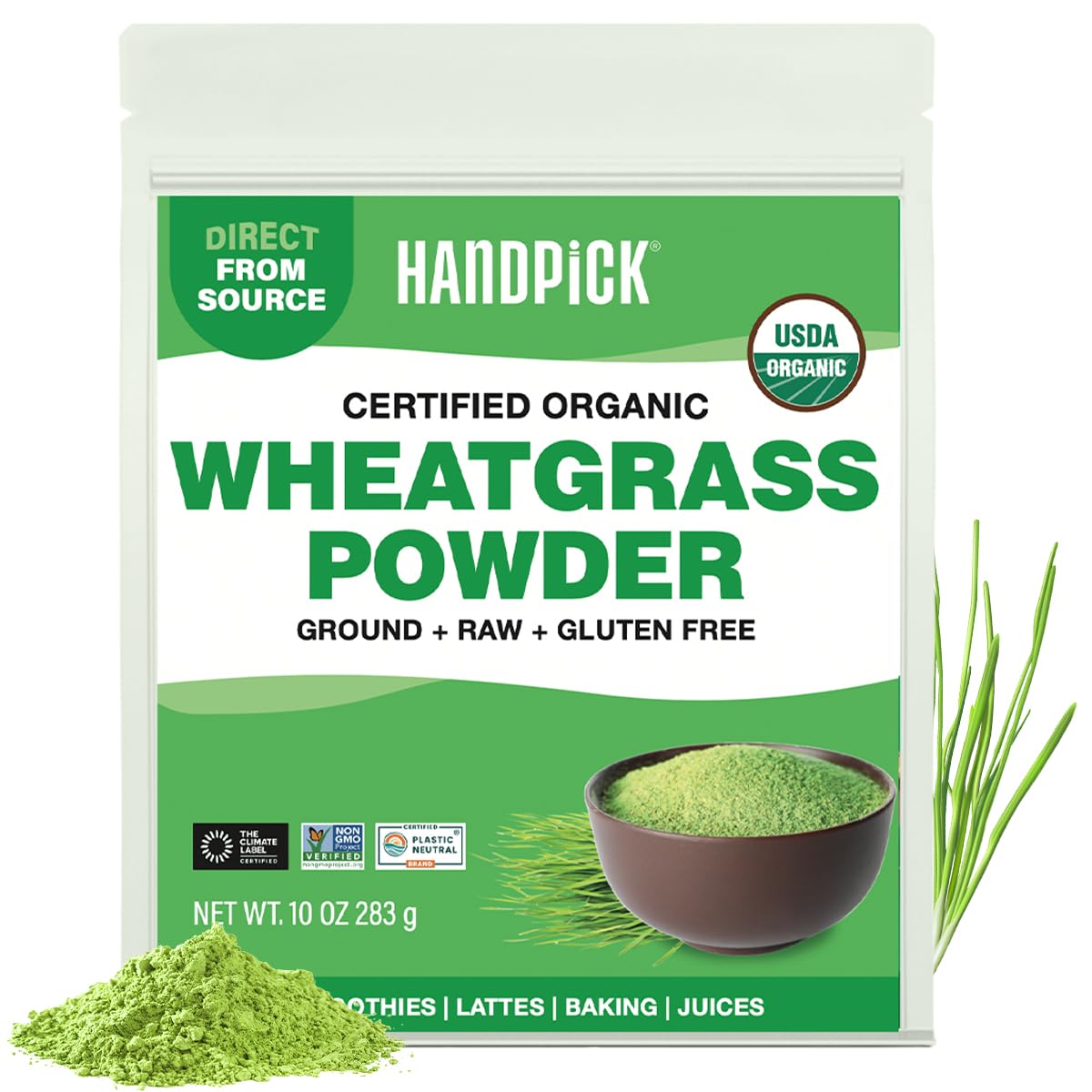 HANDPICK Wheatgrass Powder 10oz jar highlights premium whole leaf quality for daily smoothies