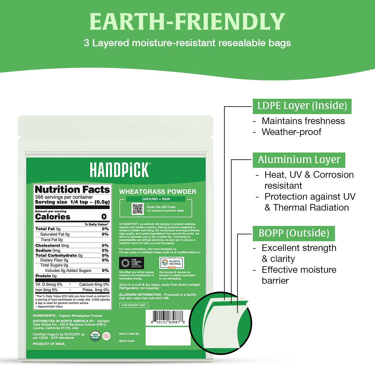 HANDPICK Wheatgrass Powder label close-up emphasizing organic, lab-tested purity