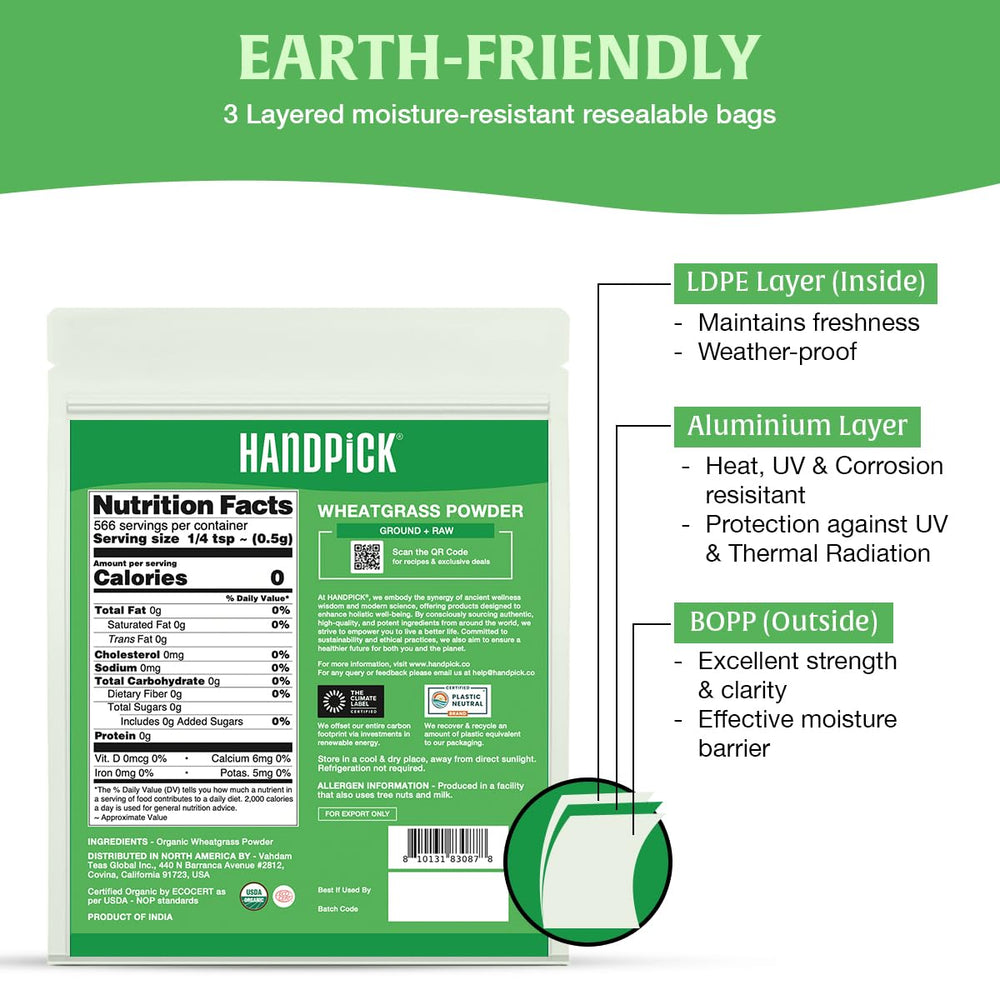 HANDPICK Wheatgrass Powder label close-up emphasizing organic, lab-tested purity