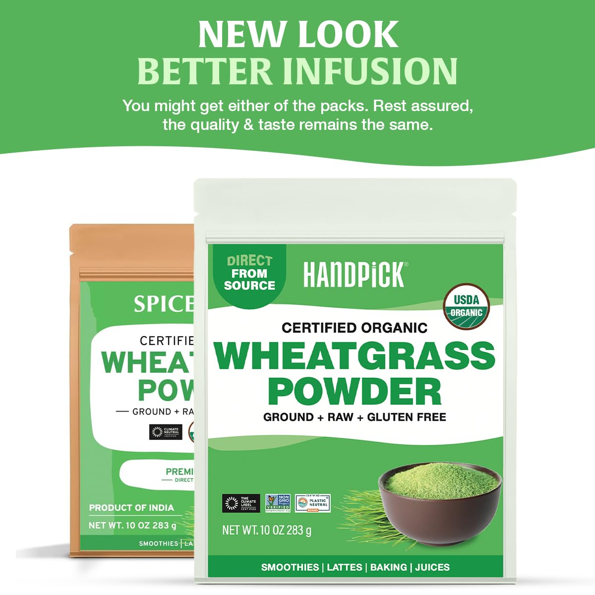 HANDPICK Wheatgrass Powder pouring into glass to illustrate easy mixing