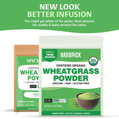 HANDPICK Wheatgrass Powder pouring into glass to illustrate easy mixing