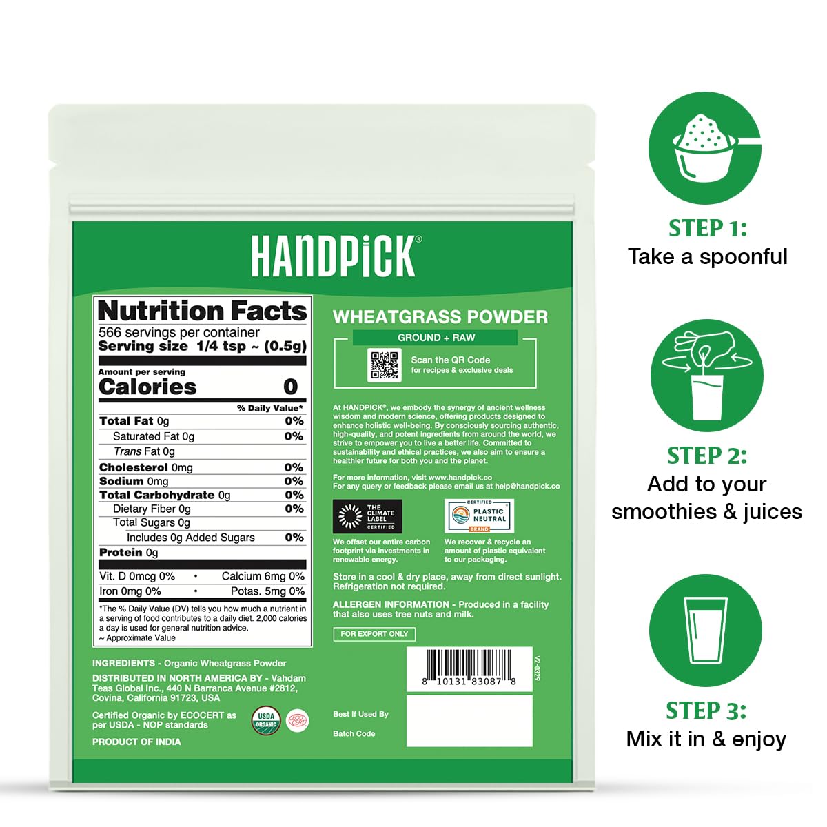 HANDPICK Wheatgrass Powder resealable pouch to preserve freshness