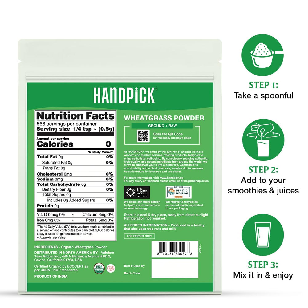HANDPICK Wheatgrass Powder resealable pouch to preserve freshness