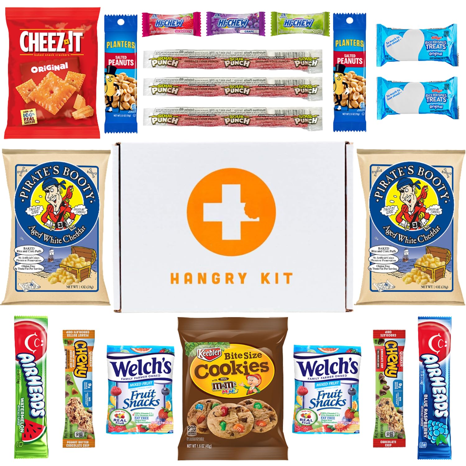 Hangry Kit Mega Care Pack variety snacks including crackers, cookies, gummies, and chips for everyday snacking.