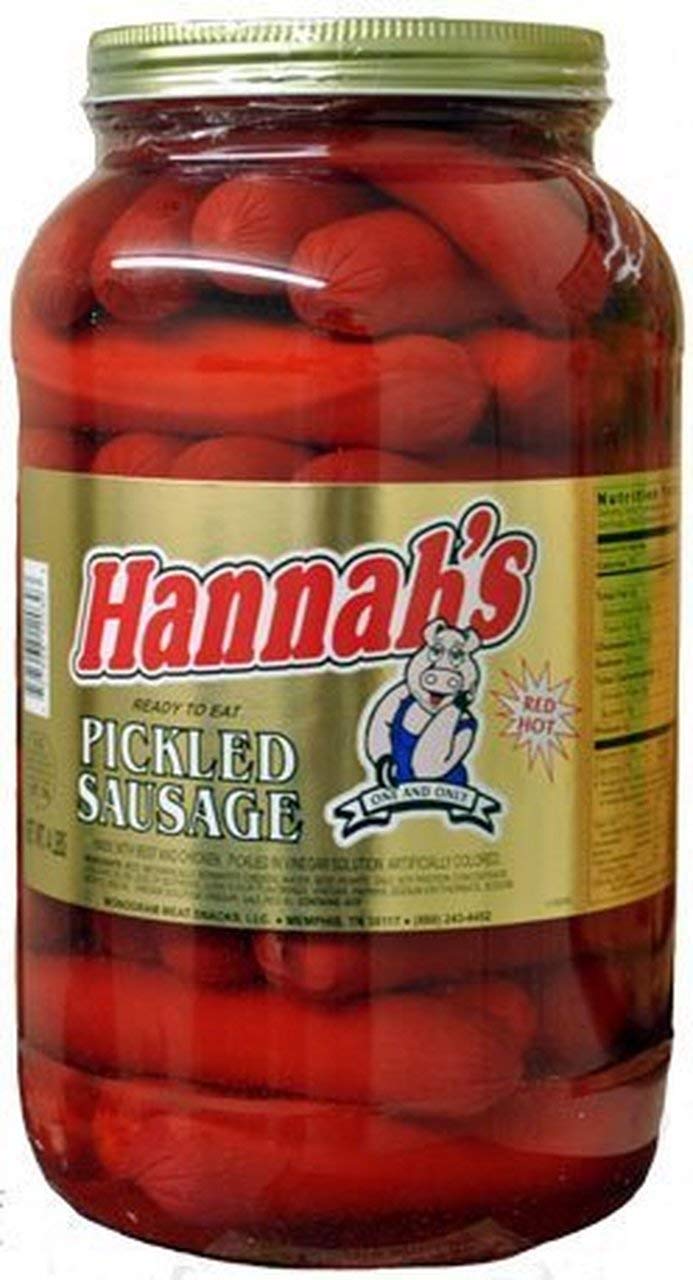 Hannah's Hot Pickled Sausage in a gallon jar, ideal for large gatherings.