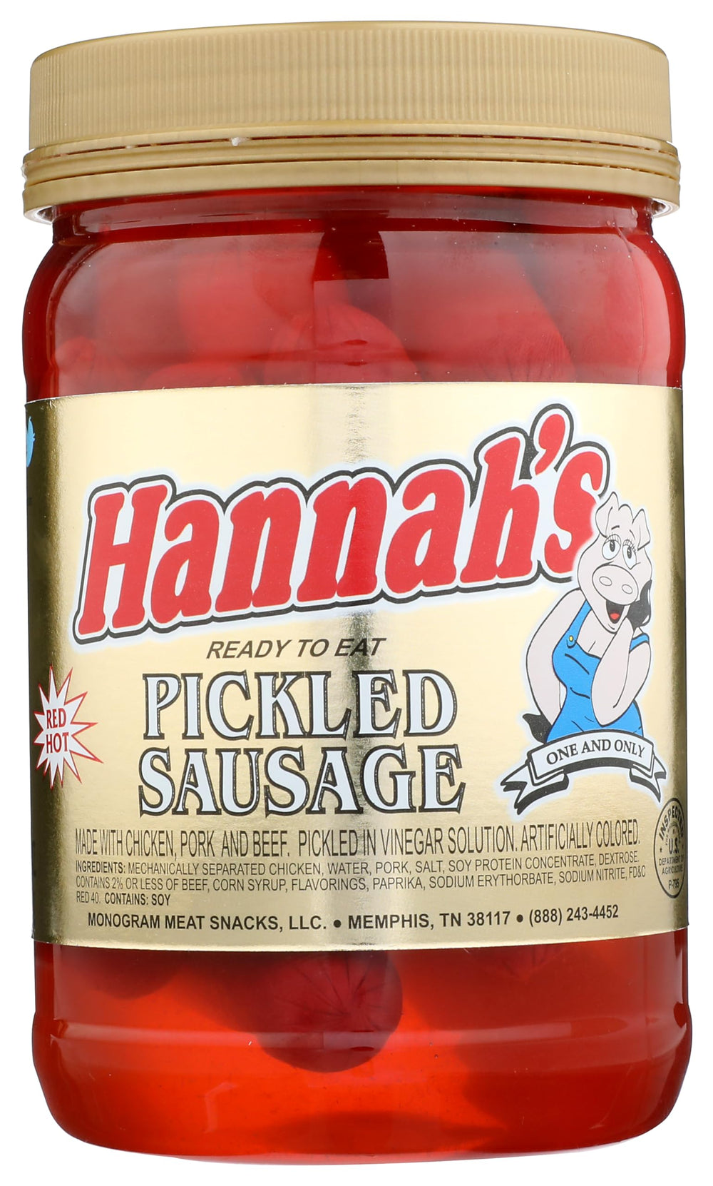 Hannah's Pickled Sausage 16oz jar for snacking and tangy flavor on charcuterie boards.