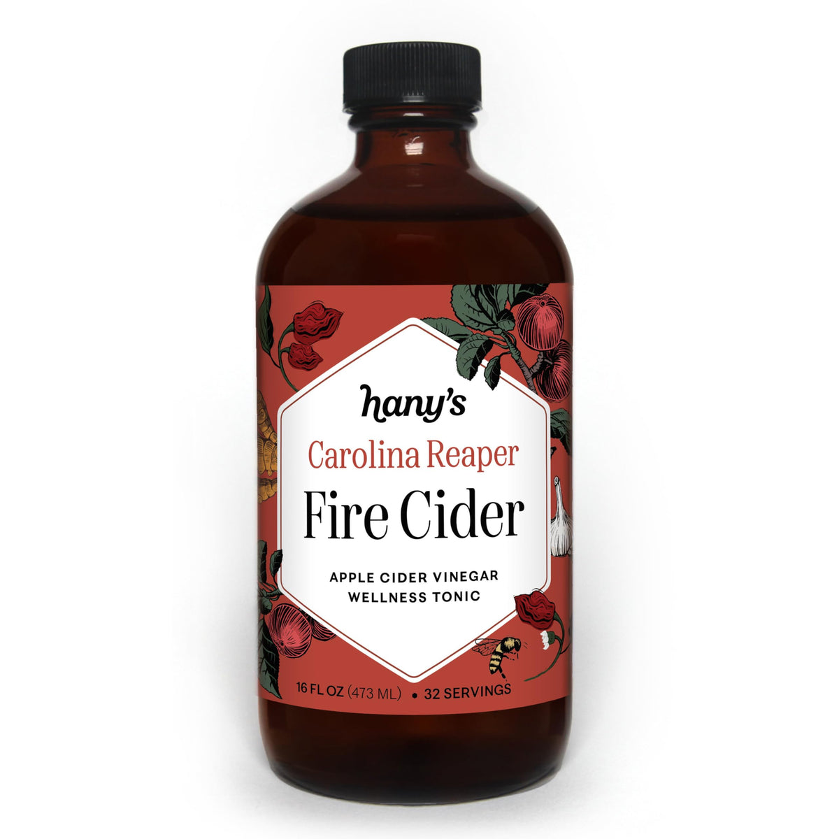 Hany's Harvest Carolina Reaper Fire Cider bottle with fiery label ideal daily wellness booster